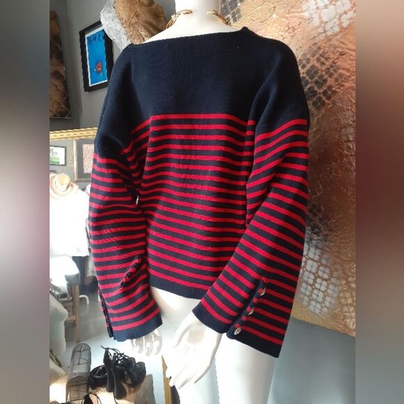 Massimo Dutti Cotton Blend Navy and Red Striped Sweater - Picture 3 of 13